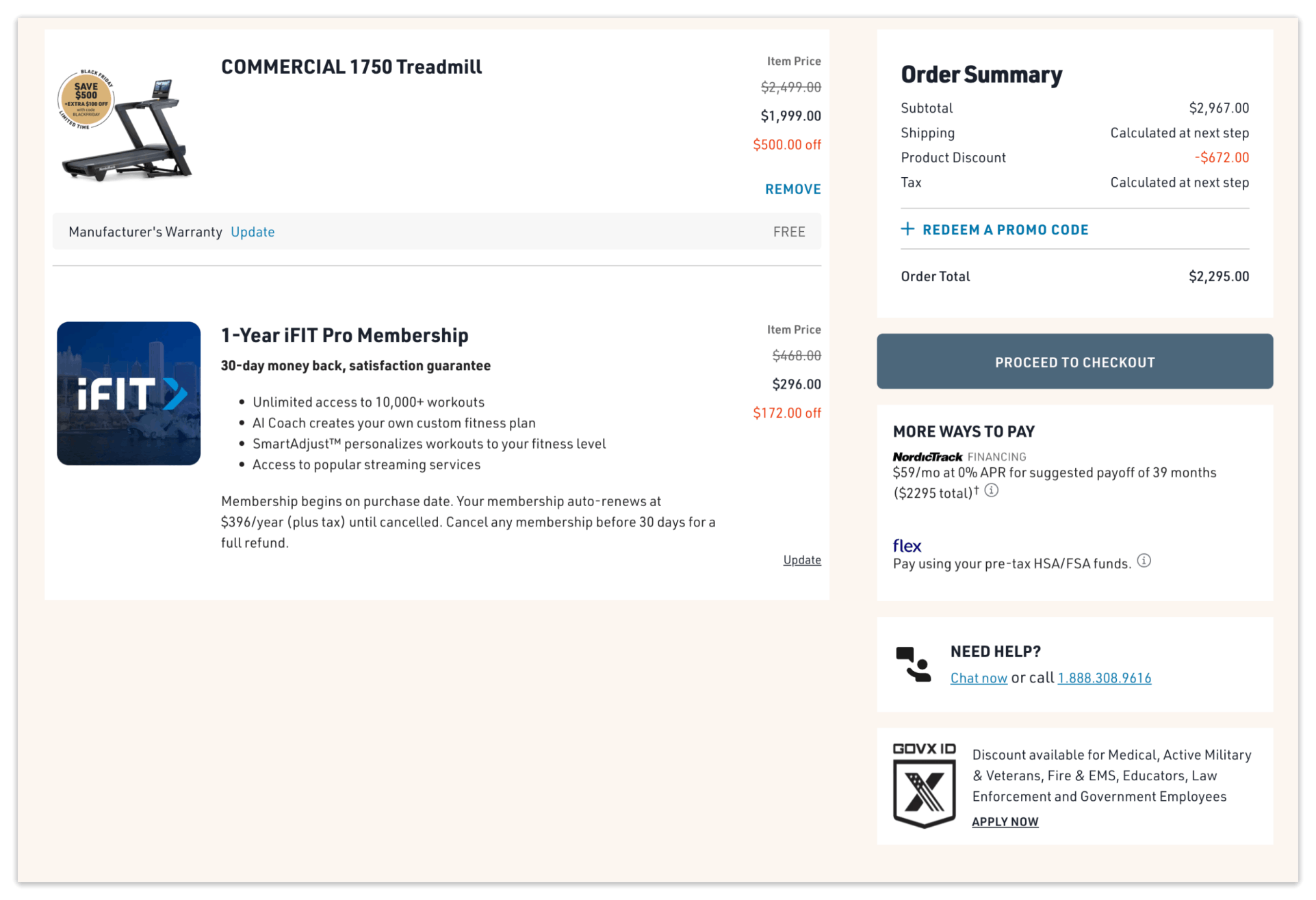 NordicTrack Treadmill checkout page.